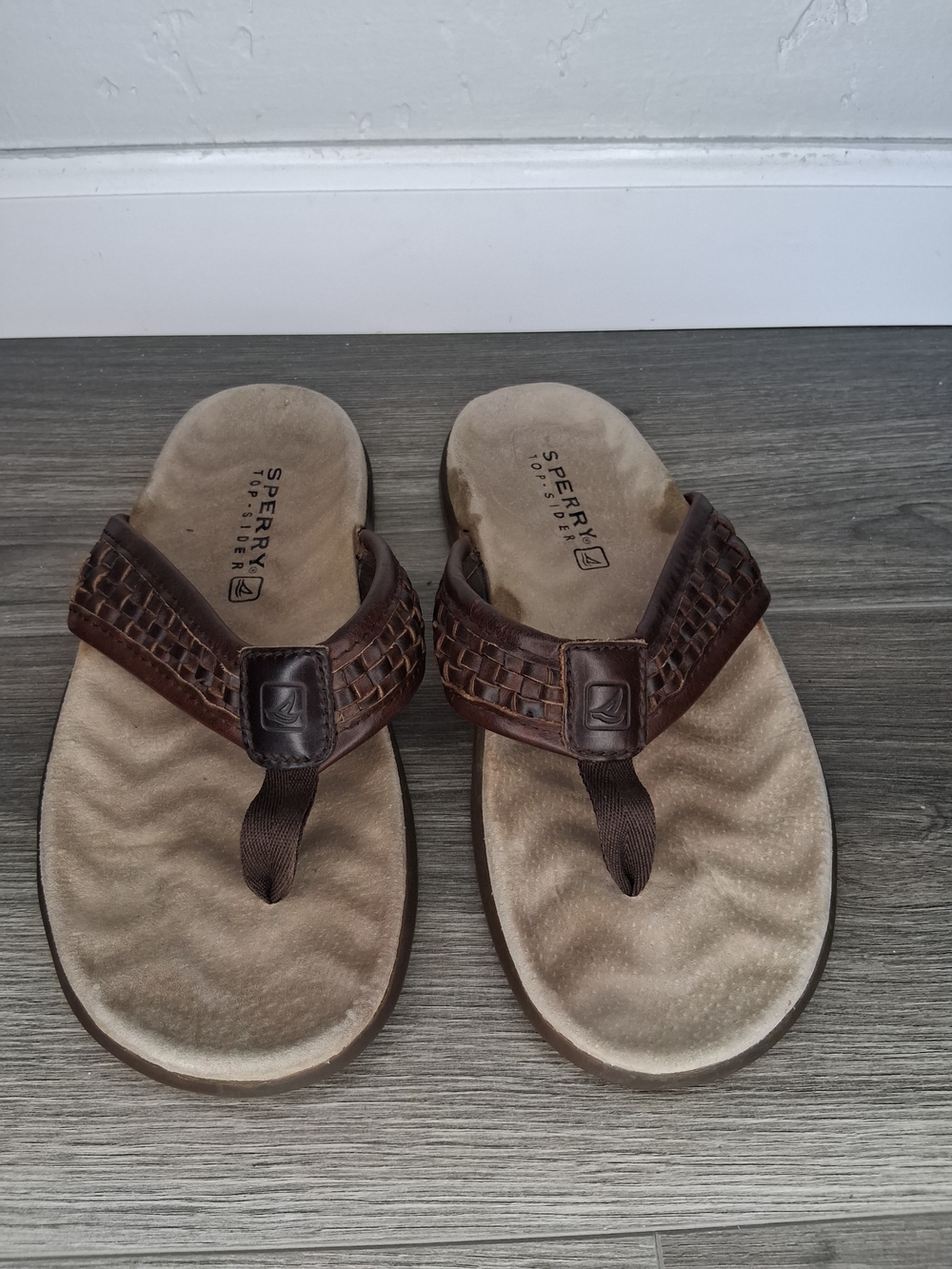 Sperry Top-Sider Men's Brown Woven Leather Flip Flop Sandals Sz 8M Comfort Beach